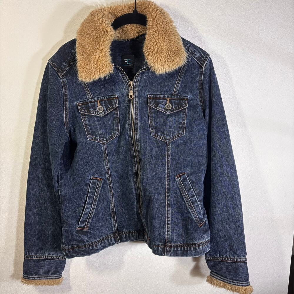French Cuff Denim Jacket Sherpa Collar Zip Front Dark Wash Size Medium